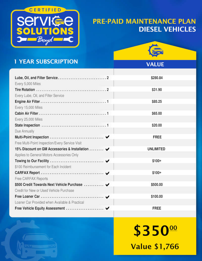 Pre-Paid Maintenance Plan for Diesel Vehicles